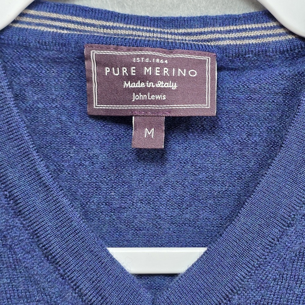 John Lewis Pure Merino Wool Jumper Sweater Mens M Blue Italian Preppy Vneck Work